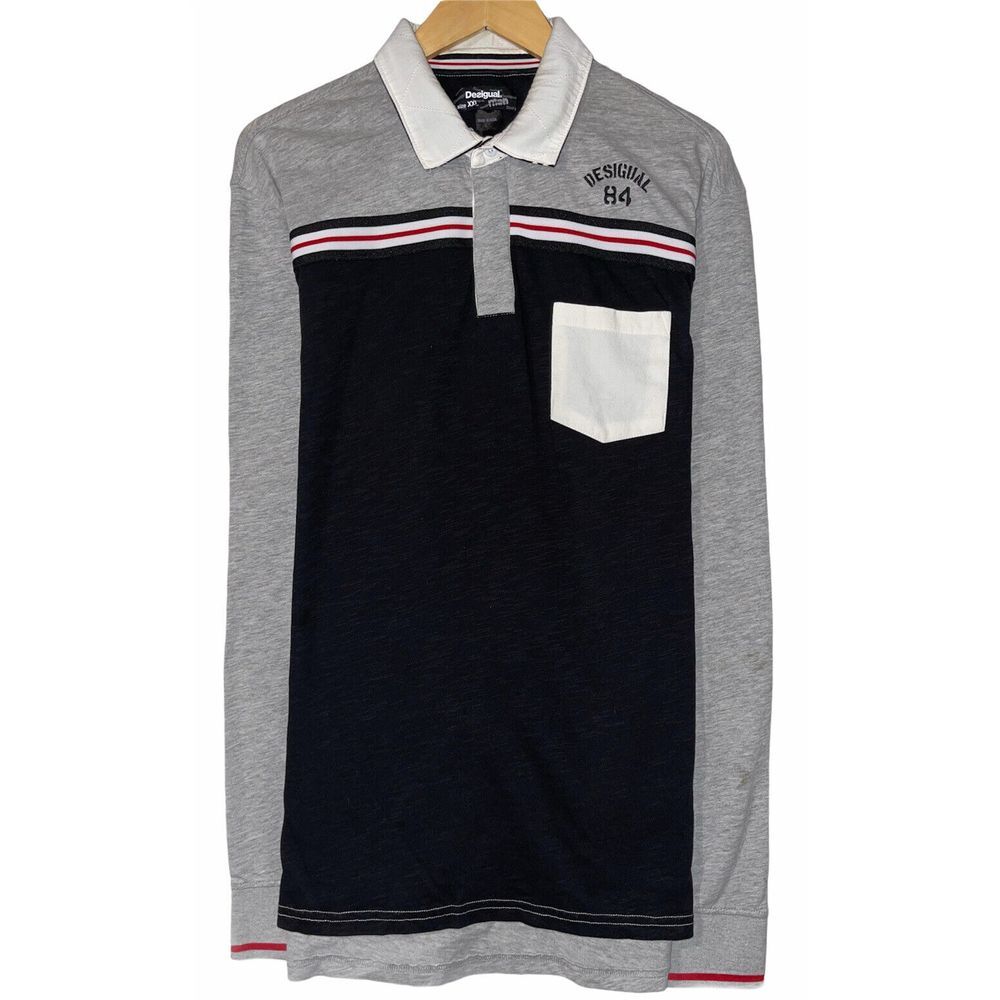 Desigual Men's Sz XXL Black/Gray Colorblock Striped Rugby Pocket Polo Shirt‎ euc